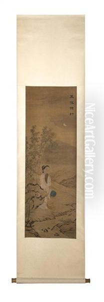 Jeune Femme Sortant Des Bambous Et Se Promenant Vers Un Cours D'eau Une Nuit De Lune Oil Painting by Qiu Ying