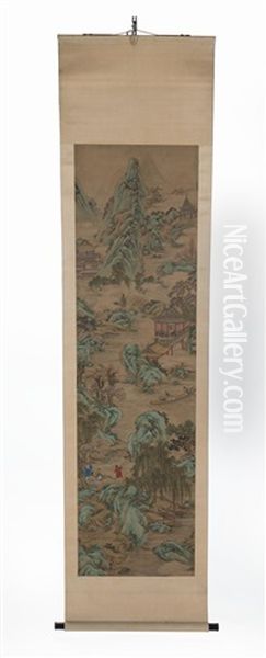 Landscape With River And People Oil Painting by Qiu Ying