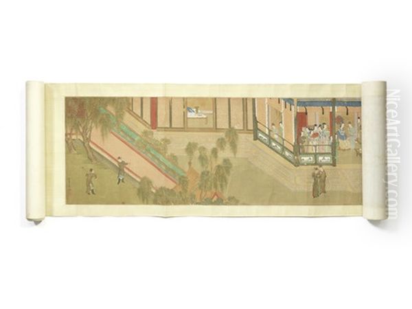 A Vivid Imperial Garden Scene, Courtiers Engaging In Various Activities, Trees And Rocks Accentuating The Garden Scenery Amongst Elaborate Palace Architecture Oil Painting by Qiu Ying