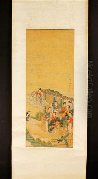 Women And Peacocks In Pavilion With Clouds Oil Painting by Qiu Ying