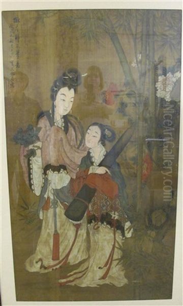 Two Famele Portraits With Bamboo Oil Painting by Qiu Ying