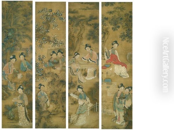 Beauties In A Garden (4 Works) Oil Painting by Qiu Ying