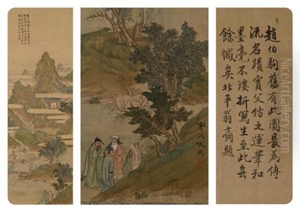 Personnages Evoluant Dans Un Paysage Lacustre Surplombe De Montagnes Et De Pagodes Oil Painting by Qiu Ying