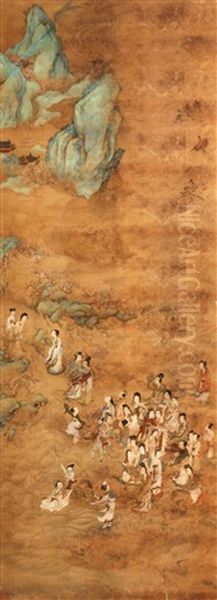 Xi Wangmu Visiting Peach Festival Oil Painting by Qiu Ying