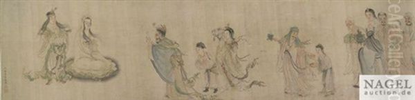Daoistische Und Buddhistische Heilsgestalten Vor Guanyin. Querrolle Oil Painting by Qiu Ying