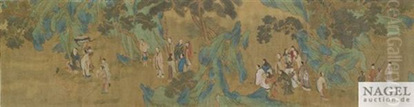 Kaiserlicher Reisezug In Einer Blaugrunen Landschaft Oil Painting by Qiu Ying