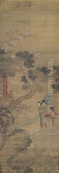 Serie Von Zwolf Hangerollen Mit Damen In Einer Gartenszene (series Of 12) Oil Painting by Qiu Ying