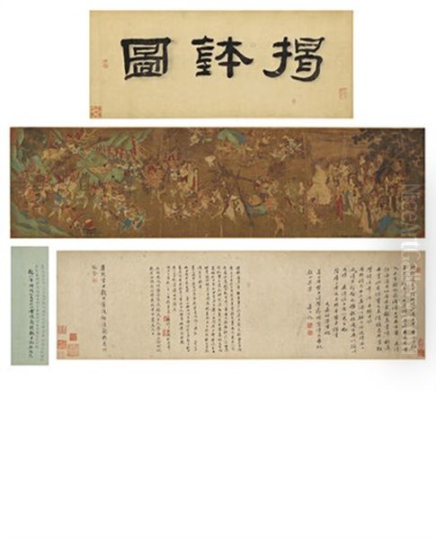 Lifting The Overturned Alms-bowl (+ Calligraphic Frontispiece And Colophon, Handscrolls; 3 Works) Oil Painting by Qiu Ying