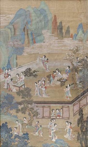 Palastdamen In Fruhlingshaftem Gartenpalast Oil Painting by Qiu Ying