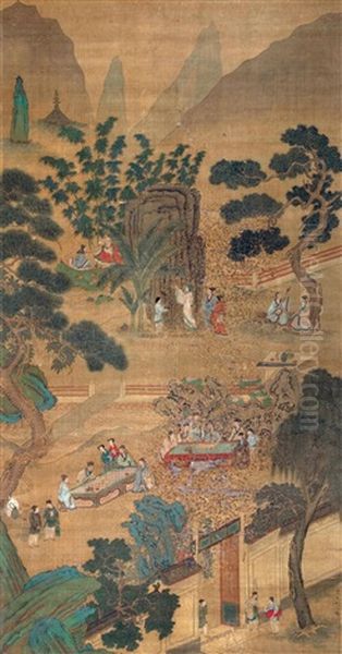 Character And Landscape Oil Painting by Qiu Ying