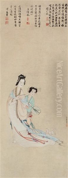 Character And Calligraphy Oil Painting by Qiu Ying