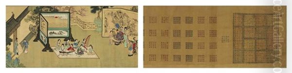 Palindrome And Ladies In Garden Court (+ Calligraphy By  Guan Dausheng (attributed), Verso) Oil Painting by Qiu Ying