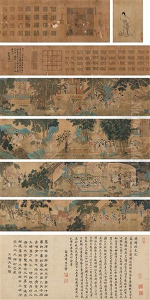 Figures And Calligraphy (4 Works) Oil Painting by Qiu Ying