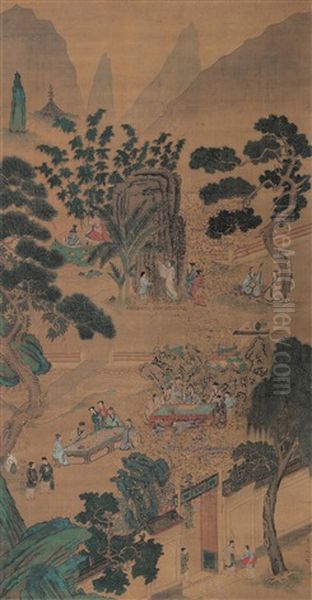 Landscape And Character Oil Painting by Qiu Ying