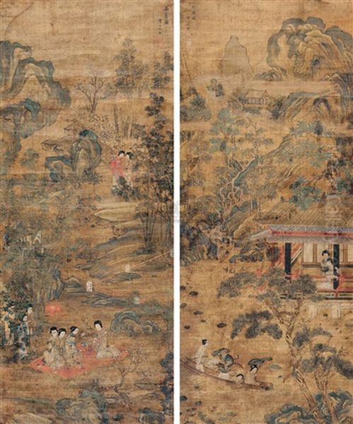 Gathering In Spring (+ Another; Pair) Oil Painting by Qiu Ying