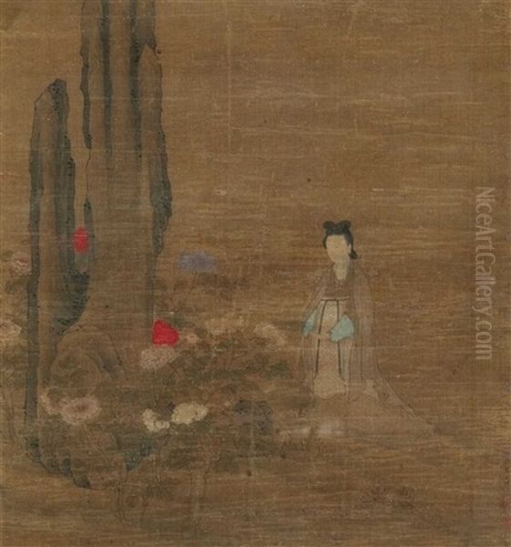 Eine Vornehme Dame Bei Der Betrachtung Von Rot Und Weis Bluhenden Strauchpaonien An Einem Hohen Gartenfelsen Oil Painting by Qiu Ying