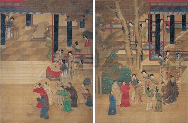 Landscape And Character Oil Painting by Qiu Ying