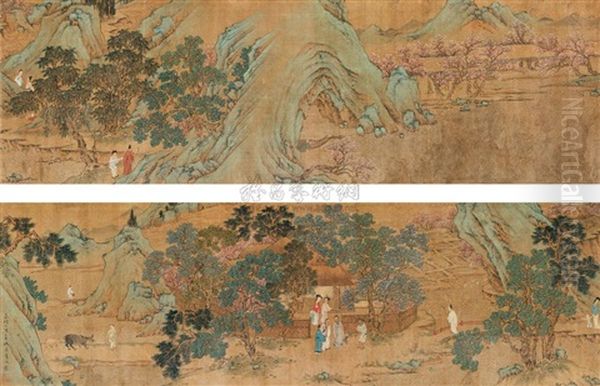 Landscape And Character, Calligraphy Oil Painting by Qiu Ying