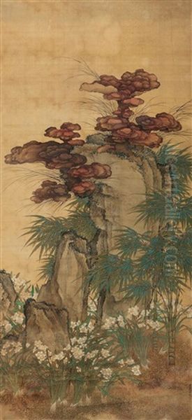 Bamboo And Rock, Ganoderma Oil Painting by Qiu Ying