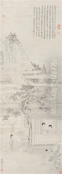 Characters With Landscape Oil Painting by Qiu Ying