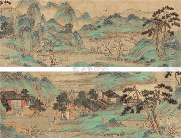 Landscape And Character Calligraphy Oil Painting by Qiu Ying