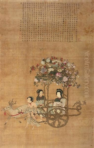 Beauty And Flowers Oil Painting by Qiu Ying