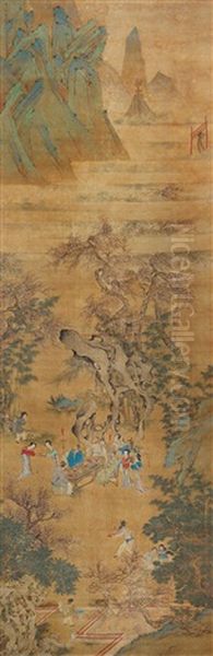 Landscape And Character Oil Painting by Qiu Ying