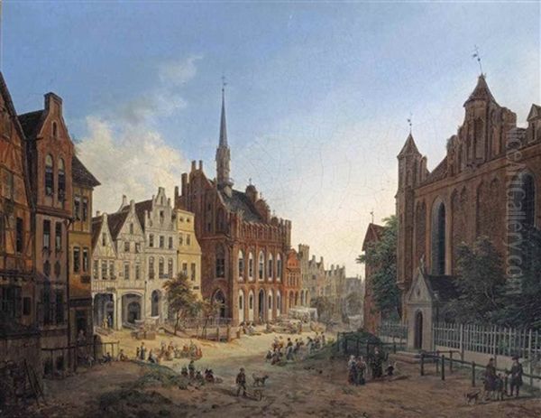 Daily Activities On A Square With The Old Town Hall, Marienburg Oil Painting by Domenico II Quaglio