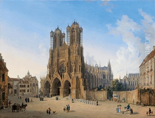 View Of The Cathedral Of Notre Dame In Rheims Oil Painting by Domenico II Quaglio