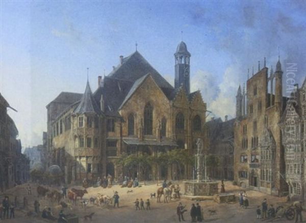 Hildesheim: Blick Auf Den Altstadter Markt Mit Dem Rathaus Und Davor Dem Rolandsbrunnen Oil Painting by Domenico II Quaglio
