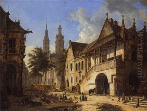 Street Scene In A Swiss Town Oil Painting by Domenico II Quaglio