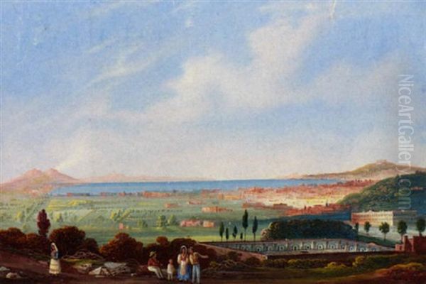 Figures On A Track Before The Bay Of Naples Oil Painting by Domenico II Quaglio