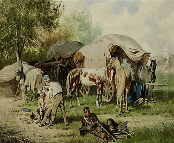 Beim Barbier In Einem Militarlager Oil Painting by Franz Quaglio