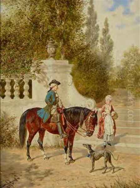 Kavalier Mit Windhund Begegnet Einer Dame An Einer Parktreppe Oil Painting by Franz Quaglio