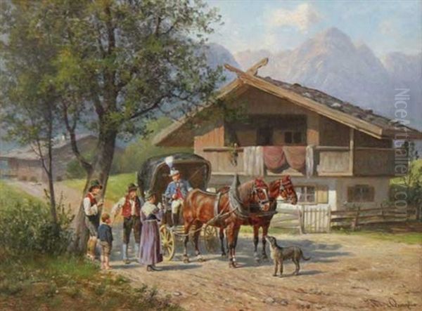 Halt Der Postkutsche Vor Einem Gehoft Mit Gebirgskulisse Oil Painting by Franz Quaglio