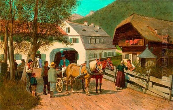 Postkutsche Vor Einem Bauernhaus Oil Painting by Franz Quaglio