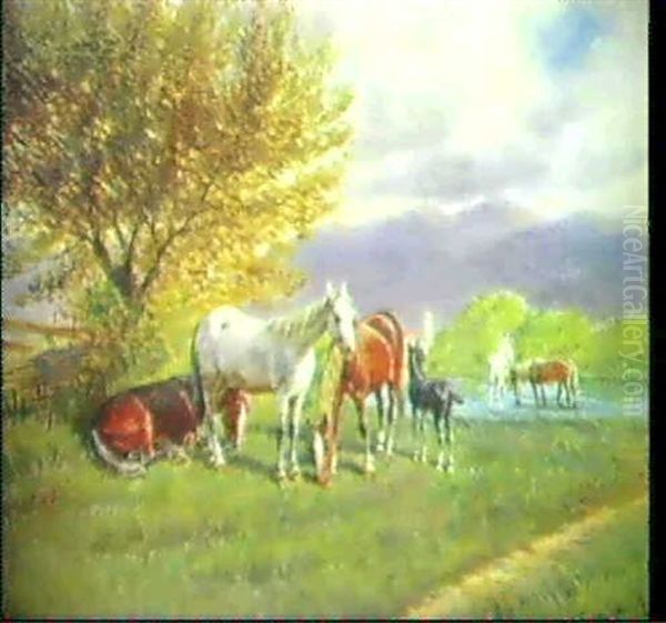 Pferde Auf Der Weide Oil Painting by Franz Quaglio