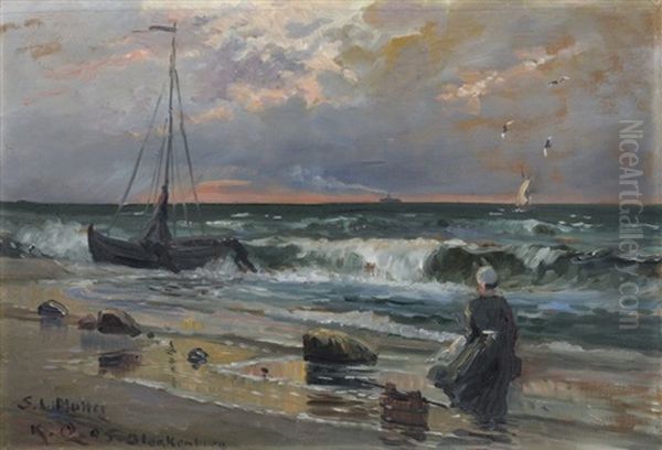 Fischerin Am Abendlichen Strand Oil Painting by Karl Quarck