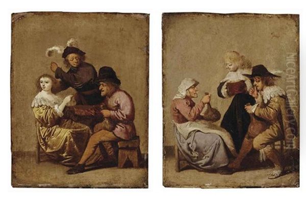 A Drinking Peasant Courting A Young Lady With An Angry Young Gentleman Nearby (+ A Gentleman Drinking With An Old Woman, A Young Lady Nearby; Pair) Oil Painting by Pieter Jansz Quast
