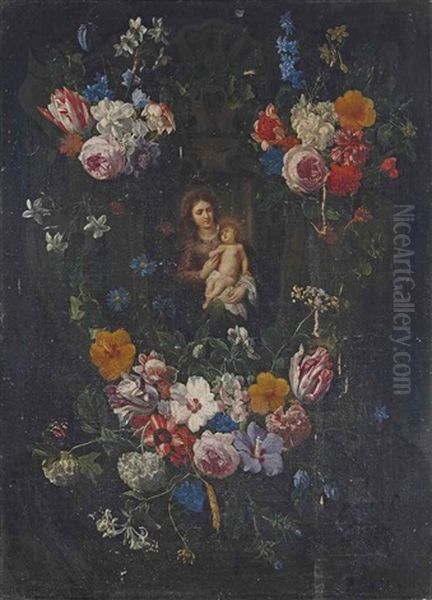 Vierge A L'enfant Dans Une Couronne De Fleurs Oil Painting by Jan Erasmus Quellinus