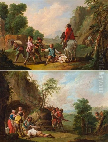 Pendants - Landschaft Mit Strasenraubern Und Landschaft Mit Uberfall Auf Ein Trinkgelage (pair) Oil Painting by August Querfurt
