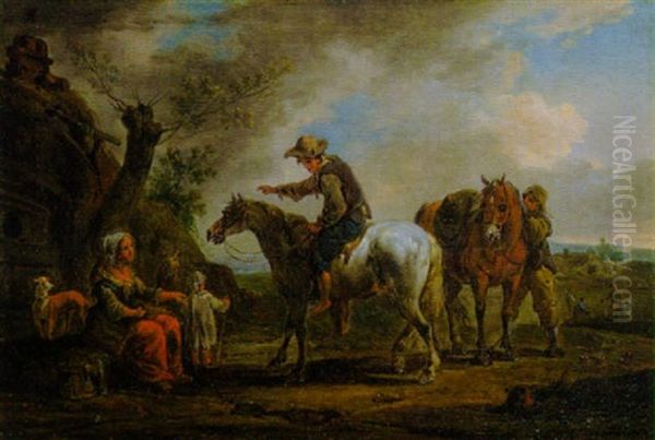 Zwei Reiter Und Eine Rastende Bauerin Mit Ihrem Kind Oil Painting by August Querfurt