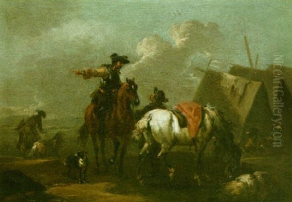 An Encampment With Horsemen And A Dog Oil Painting by August Querfurt