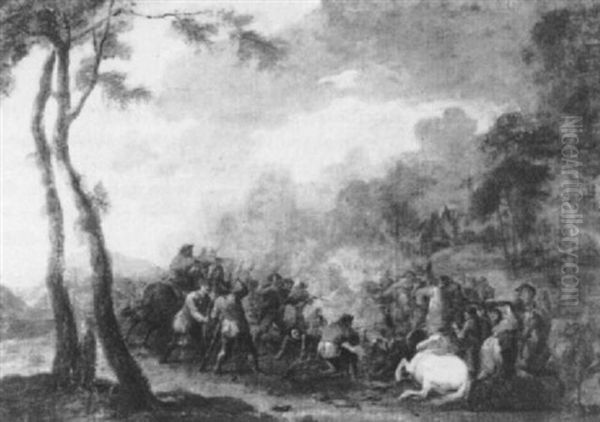 A Military Engagement Oil Painting by August Querfurt