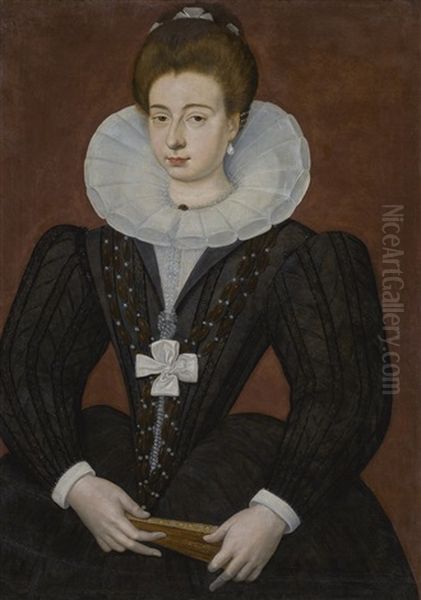 Portrait Of A French Noblewoman, Half-length, Wearing A Ruff, Pearls, A Cross-shaped Ribbon, And Holding A Fan Oil Painting by Francois, the Elder Quesnel