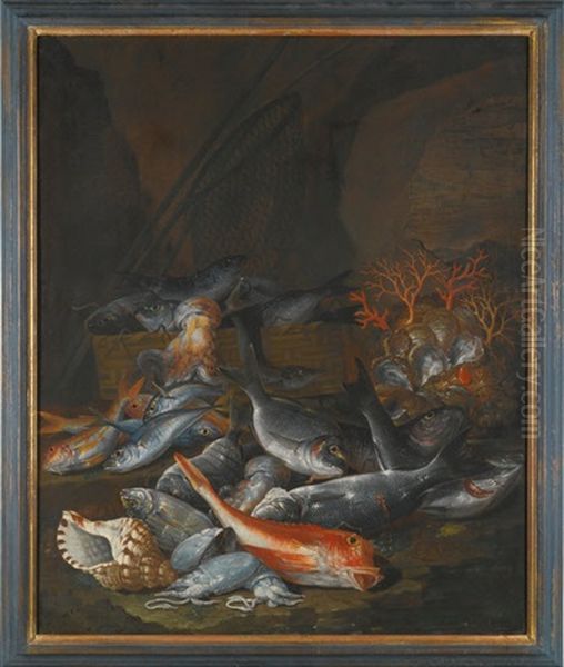 Still Life Of Assorted Fish, Shellfish And Coral With A Net And Basket Oil Painting by Francesco Della Questa