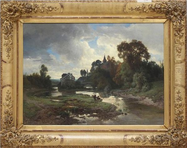 Angler An Einem Flusslauf Vor Kleinstadt Oil Painting by Joseph Quinaux