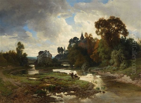 Landscape With A Stream And Fishers Oil Painting by Joseph Quinaux