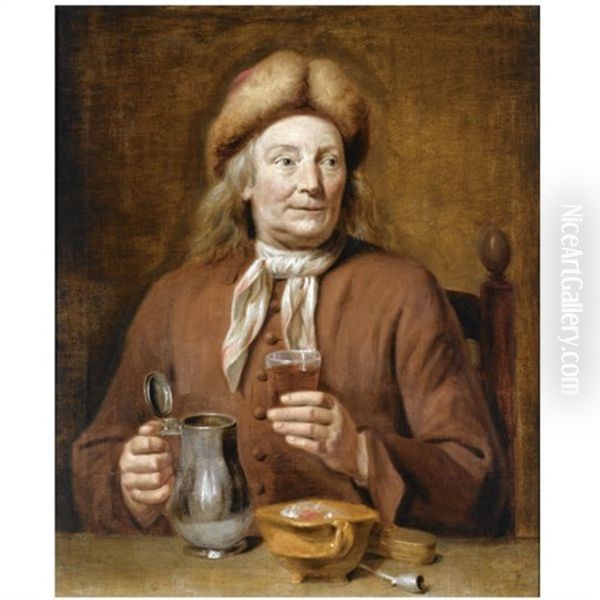 A Man Sitting At A Table Holding A Glass Of Beer Oil Painting by Jan Maurits Quinkhardt