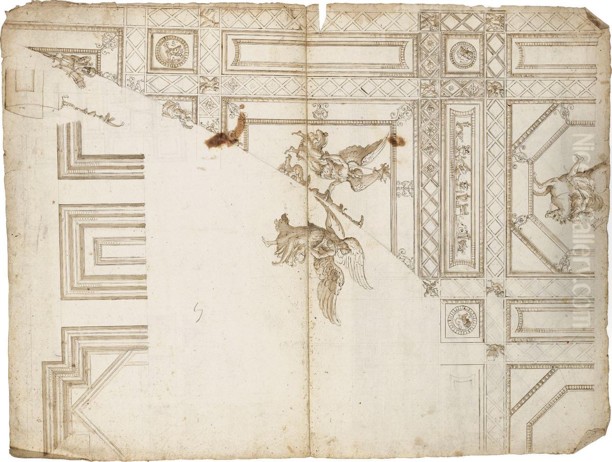 Designs For A Ceiling Decoration With Winged Figures Oil Painting by Perino Del Vaga (Pietro Bonaccors